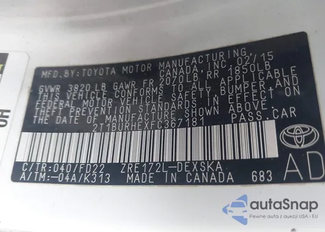 2015 Toyota Corolla S Plus z USA, uszkodzony, nr VIN 2T1BURHEXFC367181